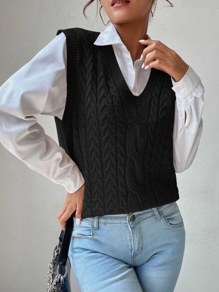 essnce v neck cable knit sweater vest, White;black