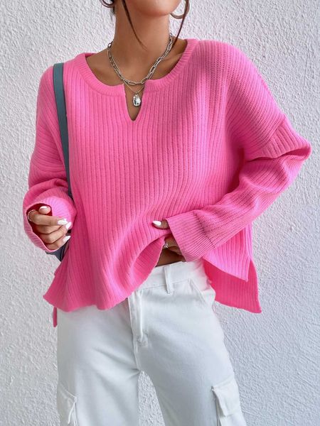 women's clothing frenchy notched neck shoulder split sweater, White;black 
women's clothing frenchy notched neck shoulder split sweater, White;black