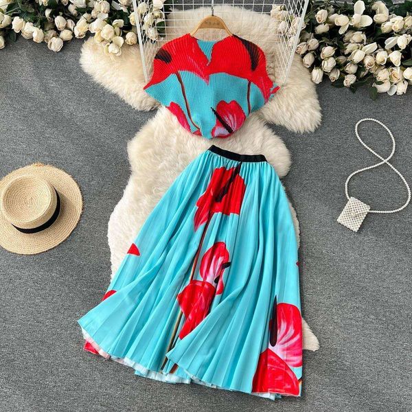 french style design niche two dress piece suit female summer printed short peplum high waist pleated skirt, White
french style design niche two dress piece suit female summer printed short peplum high waist pleated skirt, White