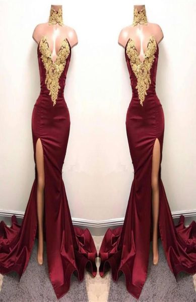 2019 burgundy high neck mermaid prom dresses gold lace appliques side split evening dresses party wear ba59985136031, Black
2019 burgundy high neck mermaid prom dresses gold lace appliques side split evening dresses party wear ba59985136031, Black