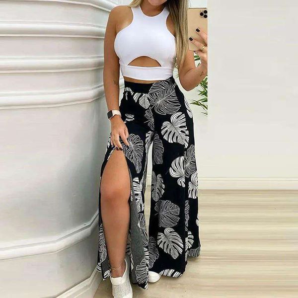 women s sleeveless pant hollow out fashionable printed slit wide leg pants fashion suit, White
women s sleeveless pant hollow out fashionable printed slit wide leg pants fashion suit, White