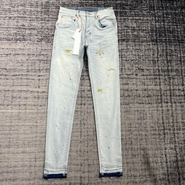 mens jeans light blue washed spray paint splash effect slim pants men 230721