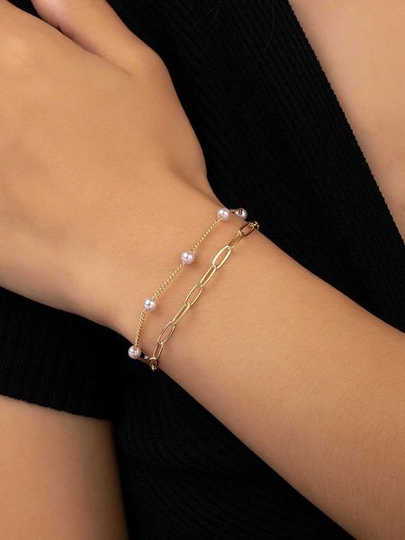 1pc multi-layer faux pearl simple stylish chain bracelet for women's daily wear, Golden;silver
1pc multi-layer faux pearl simple stylish chain bracelet for women's daily wear, Golden;silver
