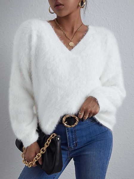 women's clothing essnce v neck fluffy knit sweater, White;black