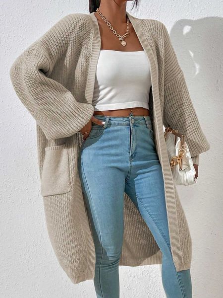 essnce dual pocket shoulder open front cardigan, White;black 
essnce dual pocket shoulder open front cardigan, White;black