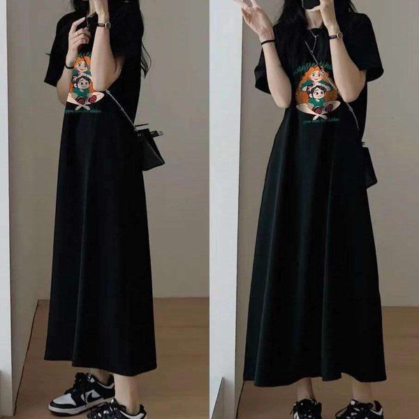 split dress for women summer design niche temperament loose knee length short sleeved slim looking lazy long t, Black;gray
split dress for women summer design niche temperament loose knee length short sleeved slim looking lazy long t, Black;gray