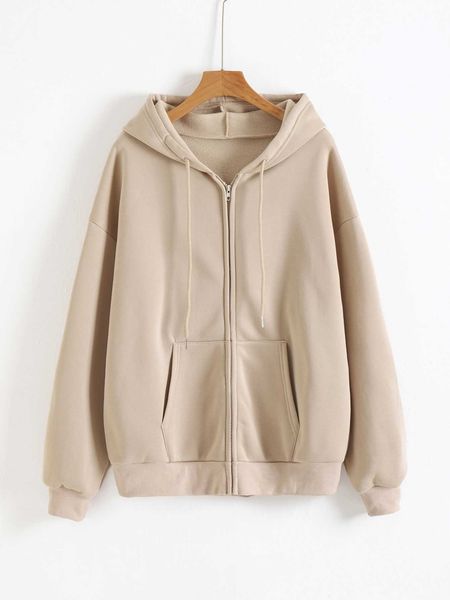 zip up shoulder lined drawstring hoodie, White;black