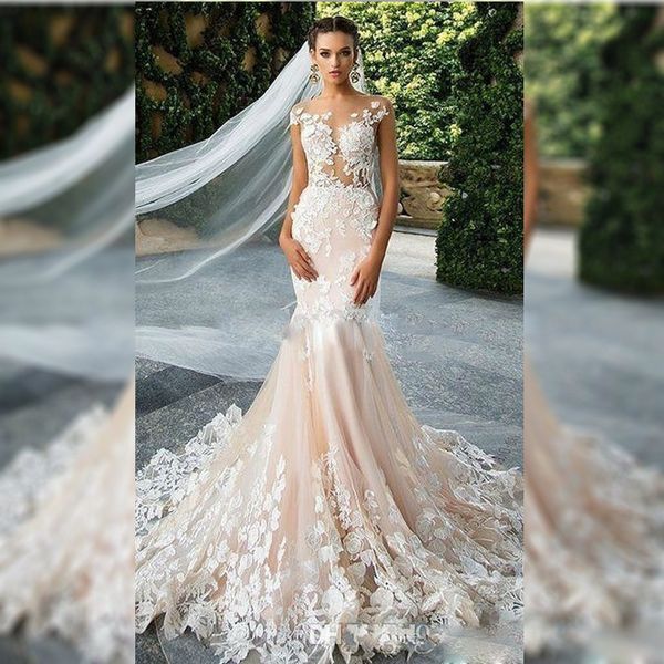 champagne lace fishtail backless illusion bodice wedding dress gown see through appliques mermaid wedding gown bride dresses, White
champagne lace fishtail backless illusion bodice wedding dress gown see through appliques mermaid wedding gown bride dresses, White
