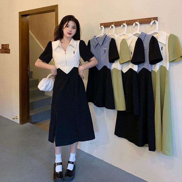 design sense contrasting colors stitching dress womens summer korean version polo collar slim waist short sleeved, Black;gray
design sense contrasting colors stitching dress womens summer korean version polo collar slim waist short sleeved, Black;gray