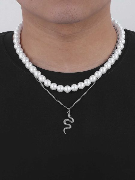 men's accessories fashionable and popular men snake charm faux pearl beaded layered necklace stainless steel for vacation and for a sty, Silver
men's accessories fashionable and popular men snake charm faux pearl beaded layered necklace stainless steel for vacation and for a sty, Silver