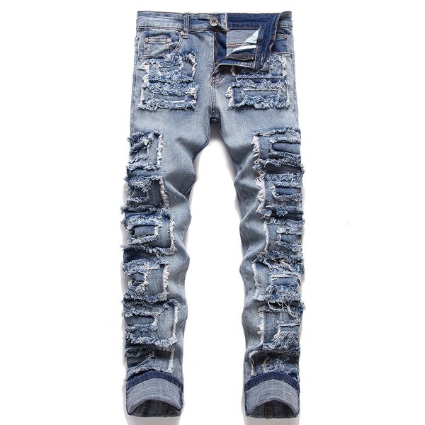 men's jeans rock punk style design men patchwork streetwear patches ripped pants blue stretch denim slim straight trousers jeans 230724
men's jeans rock punk style design men patchwork streetwear patches ripped pants blue stretch denim slim straight trousers jeans 230724