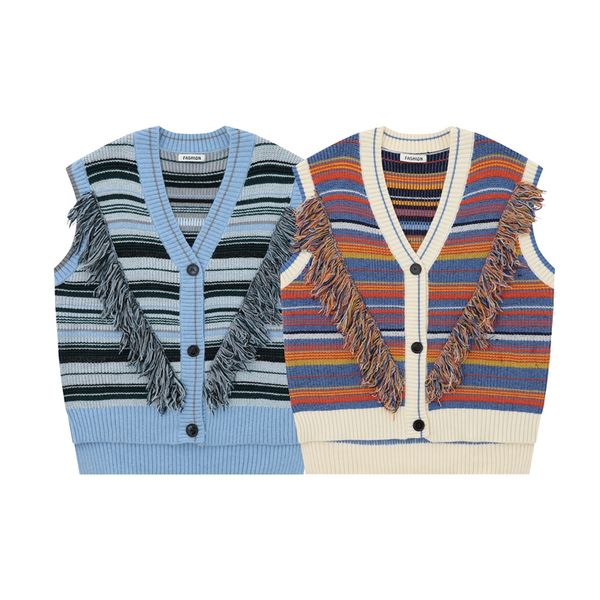 baggy tassels striped knitted vest fashionable casual patchwork sleeveless knitwears oversize sweaters
baggy tassels striped knitted vest fashionable casual patchwork sleeveless knitwears oversize sweaters