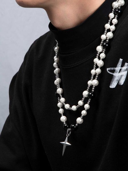 men's accessories 1pc double layered necklace with unique cube star cross pendants and pearl details hip-hop fashion accessory, Silver
men's accessories 1pc double layered necklace with unique cube star cross pendants and pearl details hip-hop fashion accessory, Silver