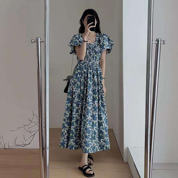 blue korean loose slimming long dress strapless sleeves pleated waist floral print womens summer style, Black;gray
blue korean loose slimming long dress strapless sleeves pleated waist floral print womens summer style, Black;gray