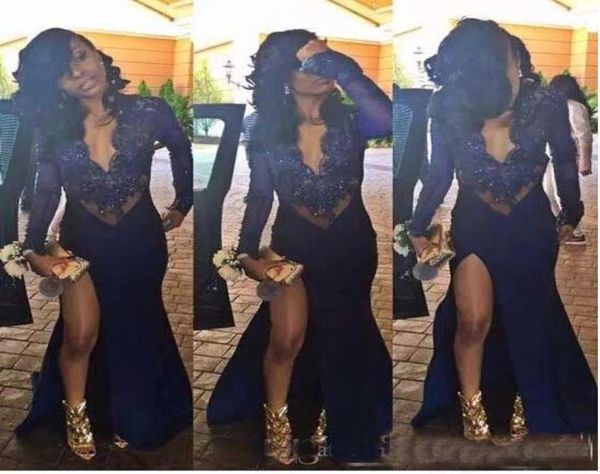 african black girl long sleeve prom dresses plunging v neck mermaid party dress beaded high slit sheer navy blue long evening8152948
african black girl long sleeve prom dresses plunging v neck mermaid party dress beaded high slit sheer navy blue long evening8152948