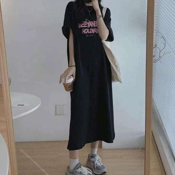 french design split dress for women summer mid length loose knee short sleeved lazy t shirt skirt, Black;gray
french design split dress for women summer mid length loose knee short sleeved lazy t shirt skirt, Black;gray