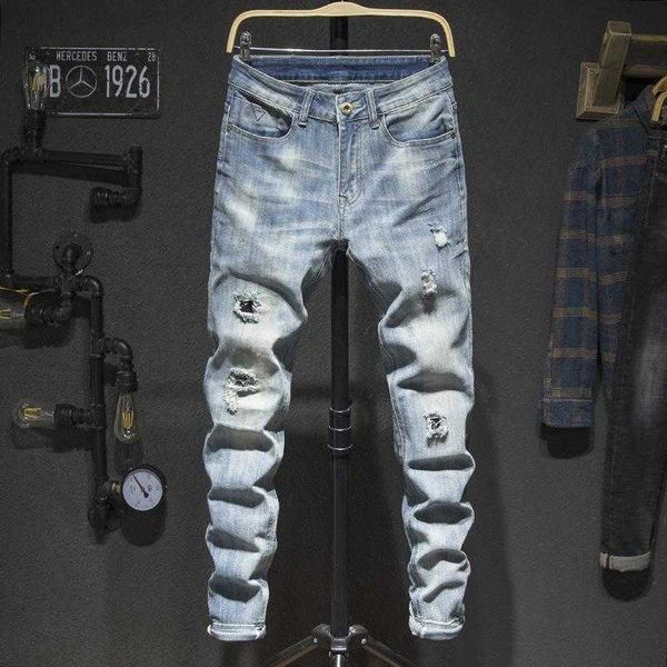 men's mens holes frayed hiphop ripped light blue stretch slim leg streetwear distressed moto biker jeans male denim pants l230724
men's mens holes frayed hiphop ripped light blue stretch slim leg streetwear distressed moto biker jeans male denim pants l230724
