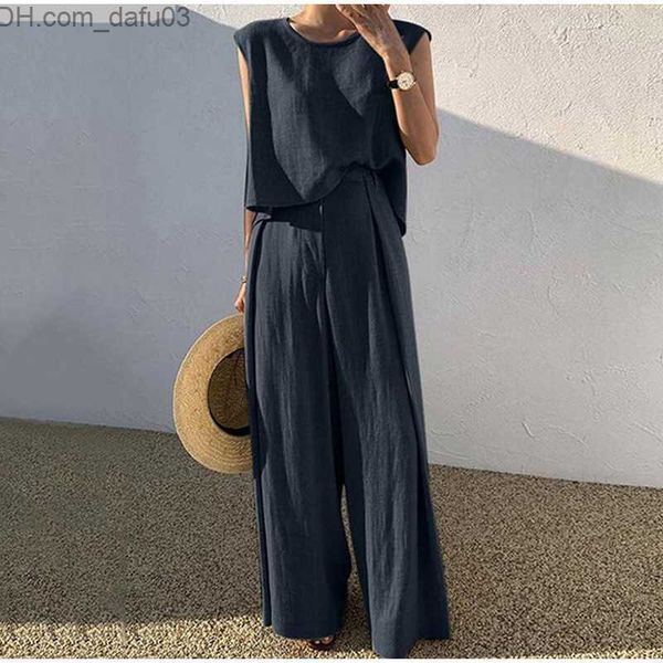 women's two piece pants 2023 summer cotton women's pajama set sleeveless o-neck tank wide leg pants two piece women's family, White 
women's two piece pants 2023 summer cotton women's pajama set sleeveless o-neck tank wide leg pants two piece women's family, White