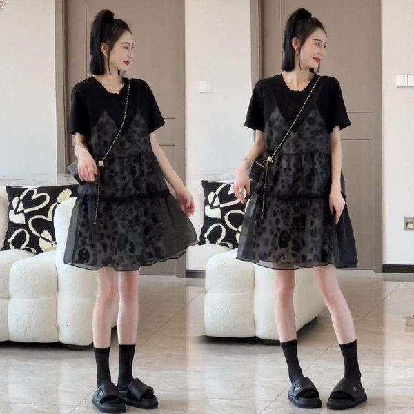 pieced fake two piece sling dress for women summer loose flesh covering leopard print t shirt short, Black;gray
pieced fake two piece sling dress for women summer loose flesh covering leopard print t shirt short, Black;gray