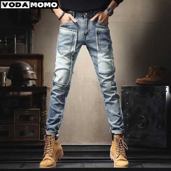 men's jeans spring autumn patchwork vintage sticker cargo motorcycle polished denim korean fashion hip-hop luxury work slim stretch tro, Blue
men's jeans spring autumn patchwork vintage sticker cargo motorcycle polished denim korean fashion hip-hop luxury work slim stretch tro, Blue
