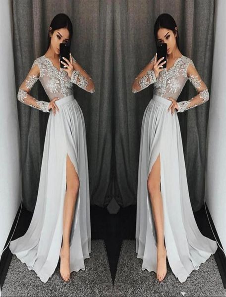 2019 silver gray split prom dresses long sleeves fashion lace appliques v neck chiffon plus size formal evening prom party go1638233, Black
2019 silver gray split prom dresses long sleeves fashion lace appliques v neck chiffon plus size formal evening prom party go1638233, Black