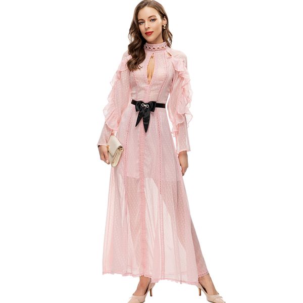 women's runway dresses stand collar hollow out ruffles long sleeves keyhole fashion designer vestidos, Black
women's runway dresses stand collar hollow out ruffles long sleeves keyhole fashion designer vestidos, Black
