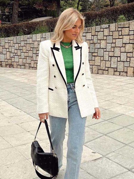 women's suits blazers traf 2023 tweed blazer women contrast elegant female office blazers coat double breasted fitted coat long sleeve, White;black
women's suits blazers traf 2023 tweed blazer women contrast elegant female office blazers coat double breasted fitted coat long sleeve, White;black