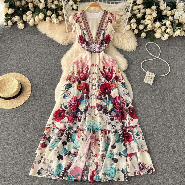 item summer sweet retro deep v neck sleeveless print dress female cake fairy long, Black;gray
item summer sweet retro deep v neck sleeveless print dress female cake fairy long, Black;gray
