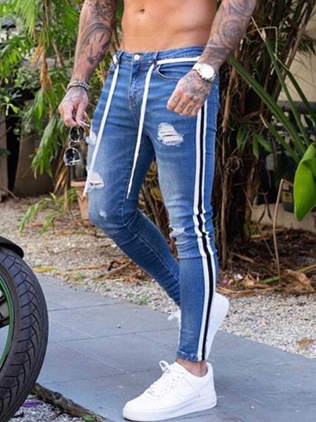 men's mens jeans men skinny biker destroyed frayed fit denim ripped side stripe pencil pants hip hop streetwear s3xl 221123 l230724, Blue
men's mens jeans men skinny biker destroyed frayed fit denim ripped side stripe pencil pants hip hop streetwear s3xl 221123 l230724, Blue
