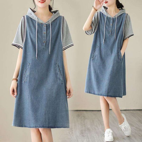 summer mid long straight skirt loose figure flattering stitching hooded sweater denim dress for women, Black;gray
summer mid long straight skirt loose figure flattering stitching hooded sweater denim dress for women, Black;gray