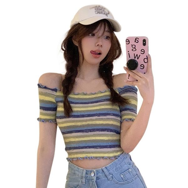womens tshirt korean short sleeve knitted contrast color summer striped oneshoulder 230724, White
womens tshirt korean short sleeve knitted contrast color summer striped oneshoulder 230724, White