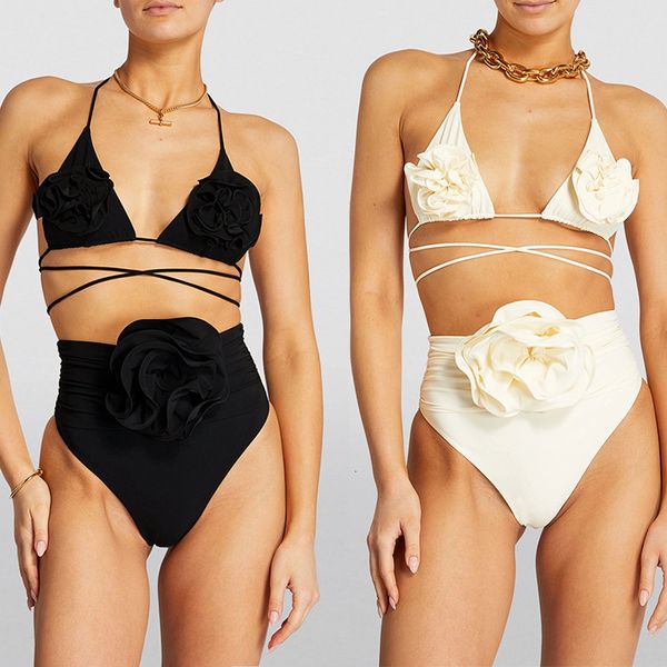 women's swimwear 2023 european and american beach swimsuit pure color backless split ladies 3s threedimensional flower bikini 230724, White;black 
women's swimwear 2023 european and american beach swimsuit pure color backless split ladies 3s threedimensional flower bikini 230724, White;black