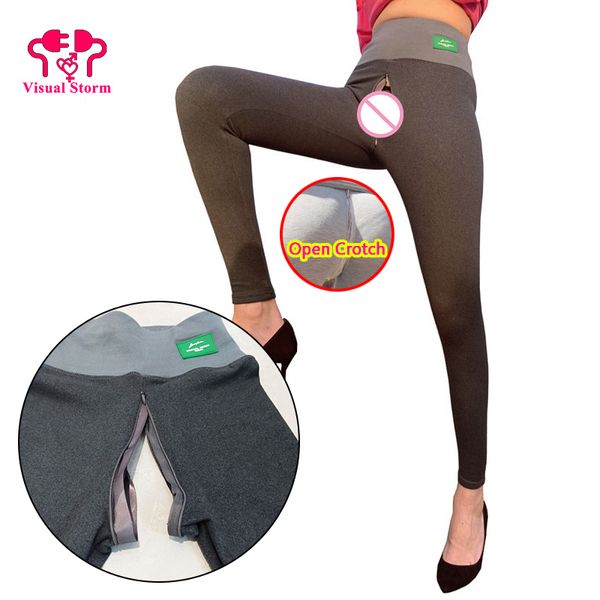

Woman Sexy Open Crotch Leggings Lingerie Winter Fleece Outdoor Easy Invisible Zippers Hot Pants Warm Keep Crotchless Trousers, Grey fleece
