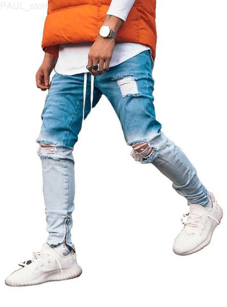 men's trendy men skinny jeans biker destroyed fit ripped denim gradient ankle zipper pencil pants hip hop streetwear l230724, Blue 
men's trendy men skinny jeans biker destroyed fit ripped denim gradient ankle zipper pencil pants hip hop streetwear l230724, Blue