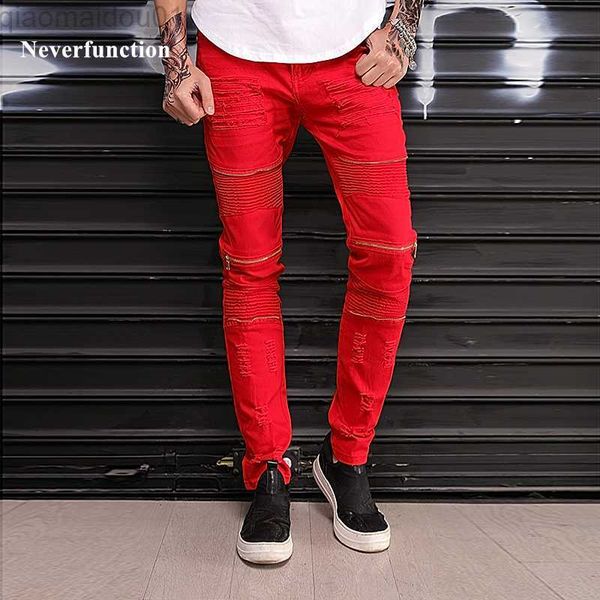 men's jeans new slim knee holes pleated multiple zipper ripped men biker jeans hop hip motorcycle destruction red white denim pants l23, Blue
men's jeans new slim knee holes pleated multiple zipper ripped men biker jeans hop hip motorcycle destruction red white denim pants l23, Blue