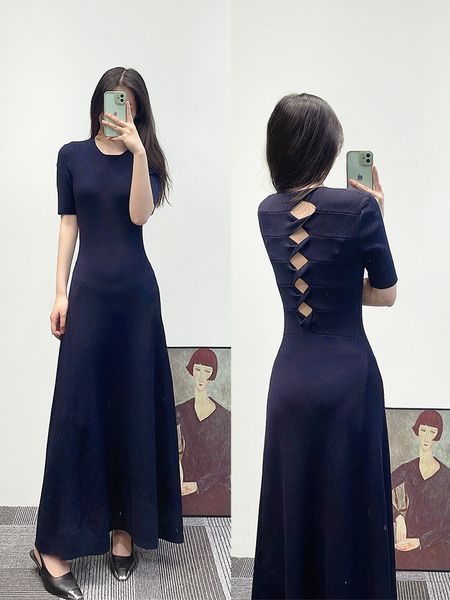 new -aje back diamond hollow short sleeve long knit dress, Black;gray