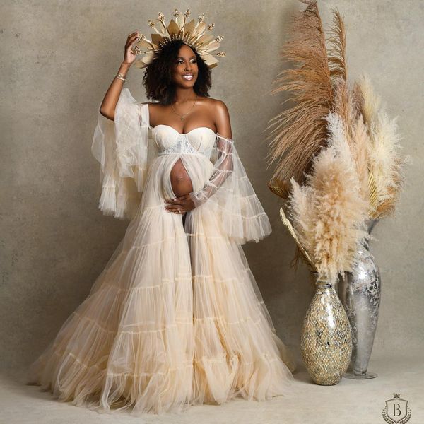 africa champagne tulle prom dresses women front slit off the shoulder maternity pshoot dress customise baby shower gown, Black
africa champagne tulle prom dresses women front slit off the shoulder maternity pshoot dress customise baby shower gown, Black