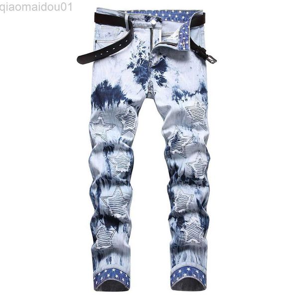 men's jeans men pleated stars patch jeans tie and dye stretch denim pants streetwear printed hem slim straight trousers l230724, Blue 
men's jeans men pleated stars patch jeans tie and dye stretch denim pants streetwear printed hem slim straight trousers l230724, Blue