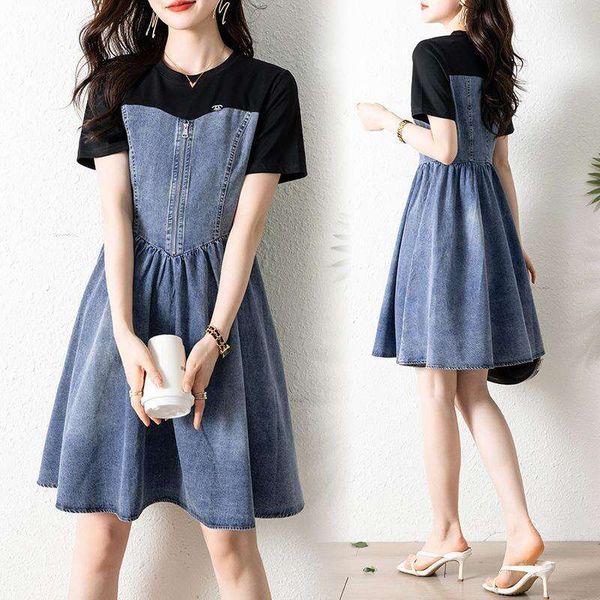 high waist loose belly covering faux two piece denim dress for women summer fashion, Black;gray
high waist loose belly covering faux two piece denim dress for women summer fashion, Black;gray