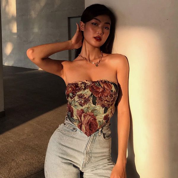 retro floral strapless ruched women tank apricot sleeveless bodycon vest jacquard tube ladies summer skinny streetwear tank, White
retro floral strapless ruched women tank apricot sleeveless bodycon vest jacquard tube ladies summer skinny streetwear tank, White