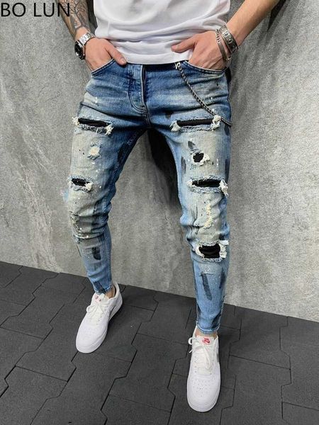 men's mens jeans skinny men painted stretch slim fit ripped distressed pleated knee patch denim pants brand casual trousers 221123 l230, Blue
men's mens jeans skinny men painted stretch slim fit ripped distressed pleated knee patch denim pants brand casual trousers 221123 l230, Blue