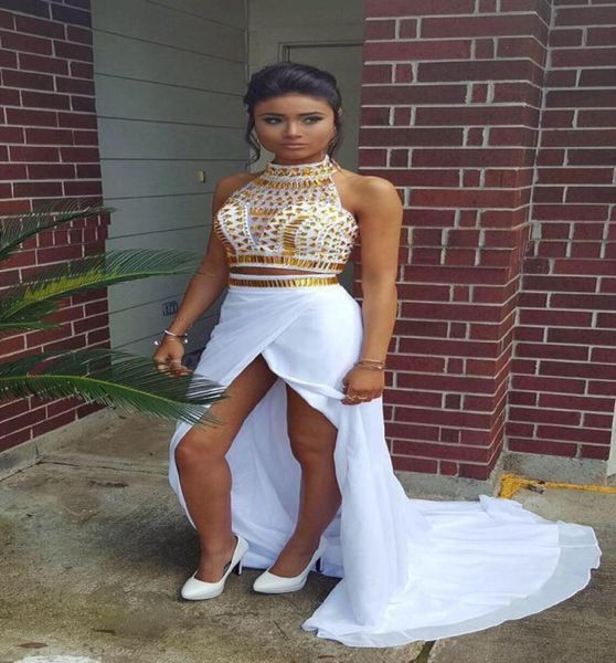 women two piece outfits asymmetrical prom dresses high neck gold beads white chiffon slit sweep train party dress vestidos5927094, Black
women two piece outfits asymmetrical prom dresses high neck gold beads white chiffon slit sweep train party dress vestidos5927094, Black