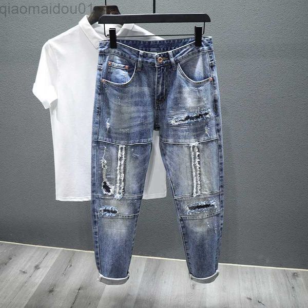 men's jeans korean fashion ripped jeans men spring new slim little feet patch hole streetwear hip-hop denim trousers biker jeans pants, Blue
men's jeans korean fashion ripped jeans men spring new slim little feet patch hole streetwear hip-hop denim trousers biker jeans pants, Blue