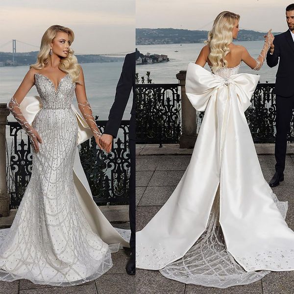 sparkly strapless mermaid wedding dress big bow tie backless saudi arabic sequined lace bridal gown, White
sparkly strapless mermaid wedding dress big bow tie backless saudi arabic sequined lace bridal gown, White