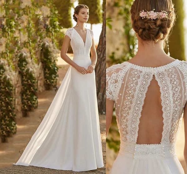 ivory lace satin modern wedding dress 2024 with detachable train v-neck cap sleeves boho bride gowns plus size cut-out vestidos de noiva, White
ivory lace satin modern wedding dress 2024 with detachable train v-neck cap sleeves boho bride gowns plus size cut-out vestidos de noiva, White