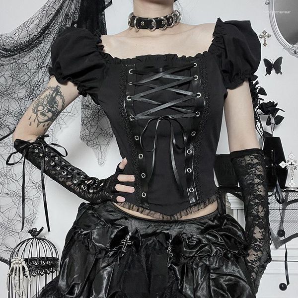women steampunk gothic black blouse y2k vintage lolita style short sleeve victorian sweet lace up bandage blusas mujer, White
women steampunk gothic black blouse y2k vintage lolita style short sleeve victorian sweet lace up bandage blusas mujer, White