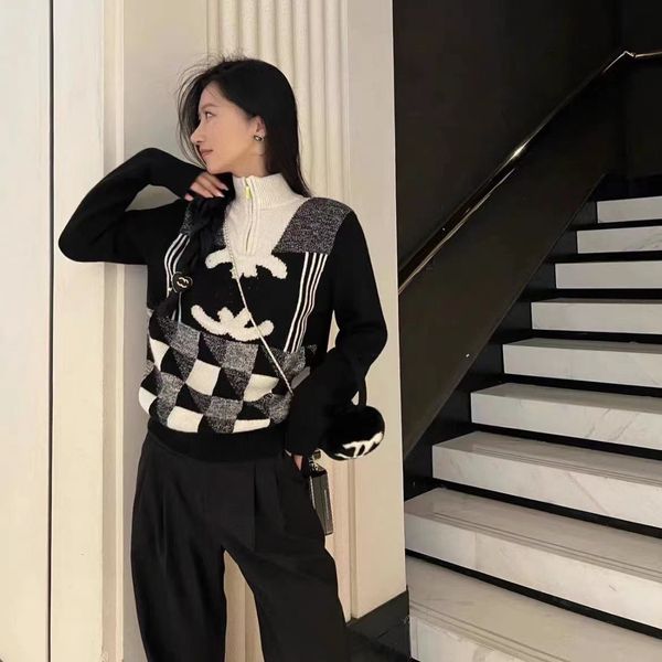 fashion new designer trend black and white check color c letter jacquard knit zipper sweater stand collar loose top
fashion new designer trend black and white check color c letter jacquard knit zipper sweater stand collar loose top