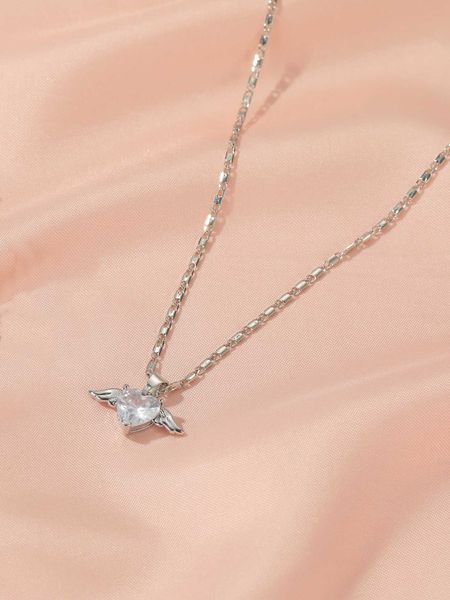women's accessories rhinestone heart wings pendant necklace, Silver