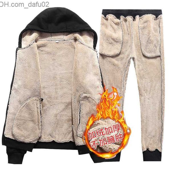 men's tracksuits mens suit winter thick men casual tracksuit sportswear zipper mens hooded sets warm plus velvet sports suit solid colo, Gray