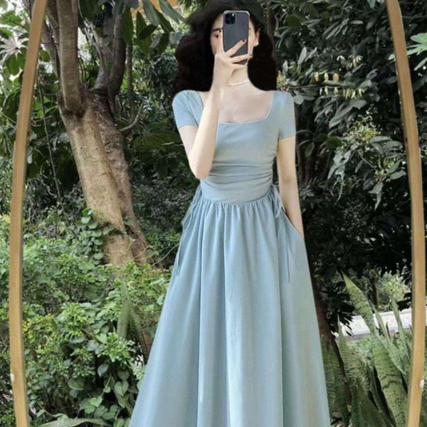 french first love elegance slimming blue dress for womens summer style small fresh long drawstring princess, Black;gray
french first love elegance slimming blue dress for womens summer style small fresh long drawstring princess, Black;gray